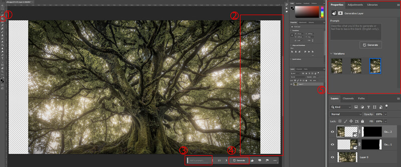 Screenshot of Photoshop with upward-angled tree canopy photo undergoing color and tone adjustments.