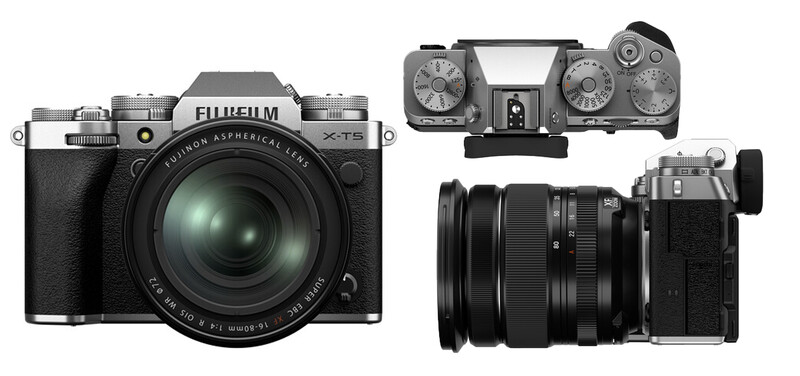 Fujifilm X-T5 mirrorless camera with XF lens shown from front, top, and side angles.