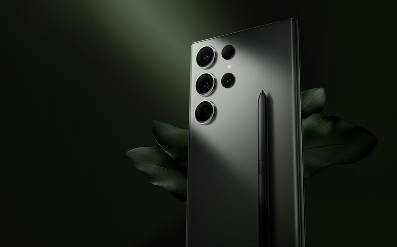 Smartphone with five-lens camera array mounted vertically on back, displayed against dark background with foliage.