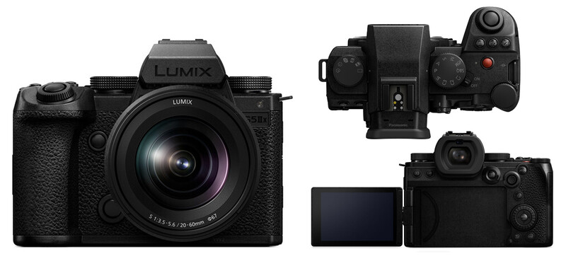 Panasonic Lumix mirrorless camera shown from front, top, and rear angles with articulating screen extended.