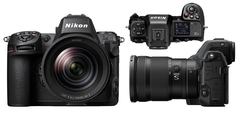 Nikon Z mirrorless camera system showing body, lens, and multiple view angles.