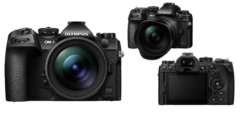 Three views of the Olympus OM-1 mirrorless camera showing front, top, and rear angles with attached lens.
