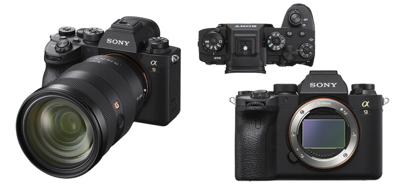 Sony Alpha 9 mirrorless camera shown from multiple angles with lens attached and body closeup.