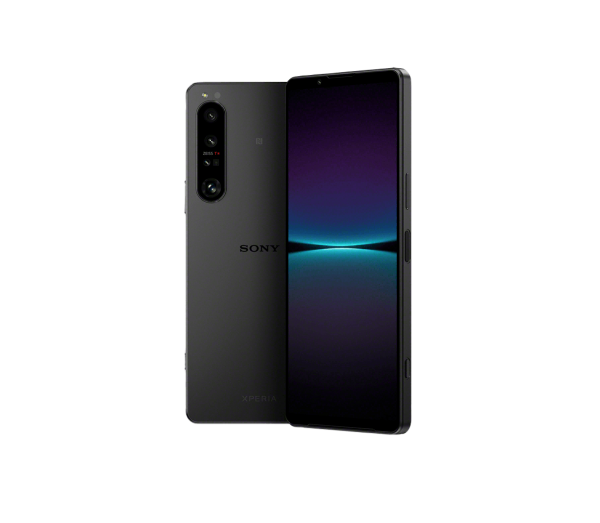 Sony Xperia 1 V smartphone displayed open at an angle, showing rear camera module and display screen with gradient lighting effect.