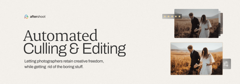 Aftershoot logo with text 'Automated Culling & Editing' and sample wedding photos showing a couple in a golden field.