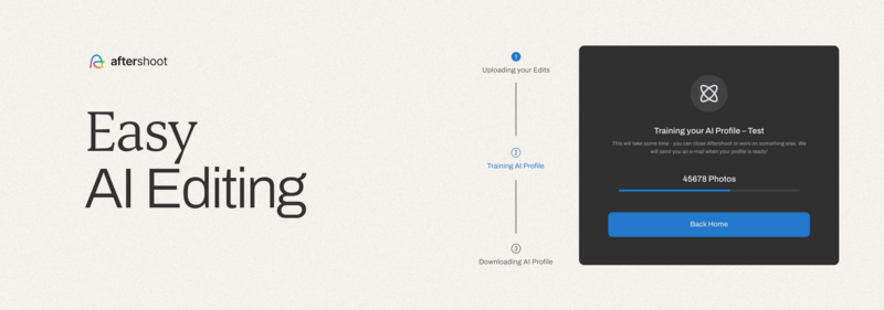 Screenshot of Aftershoot AI editing interface showing the upload and training workflow steps.