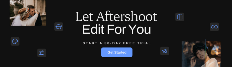 Screenshot of Aftershoot's editing service promotional banner with sample photos and feature icons.