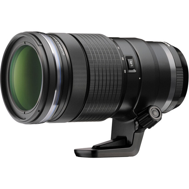 Black telephoto lens with green-coated optics and tripod collar mount.