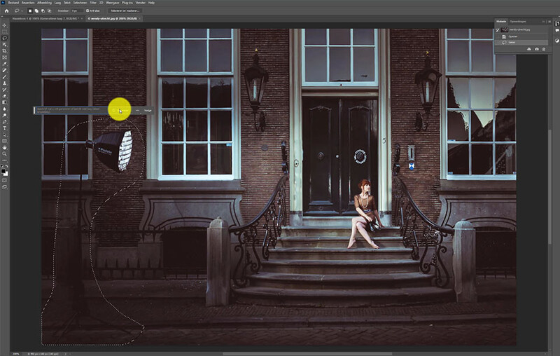 Screenshot of photo editing software showing a composite image of a brick building facade with windows and a figure on steps.