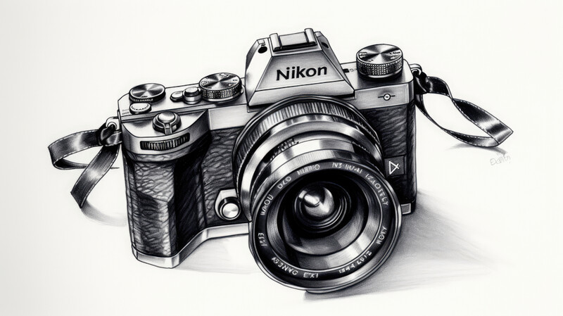 Illustration of a Nikon film camera with attached lens and shoulder strap, rendered in detailed black and white.