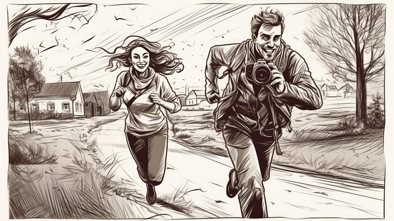 Illustration of two people running outdoors with a camera and wind-blown hair.
