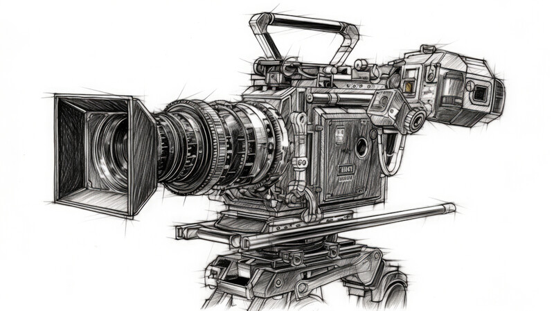 Illustration of a cinema camera with interchangeable lenses and professional accessories mounted on a support rig.