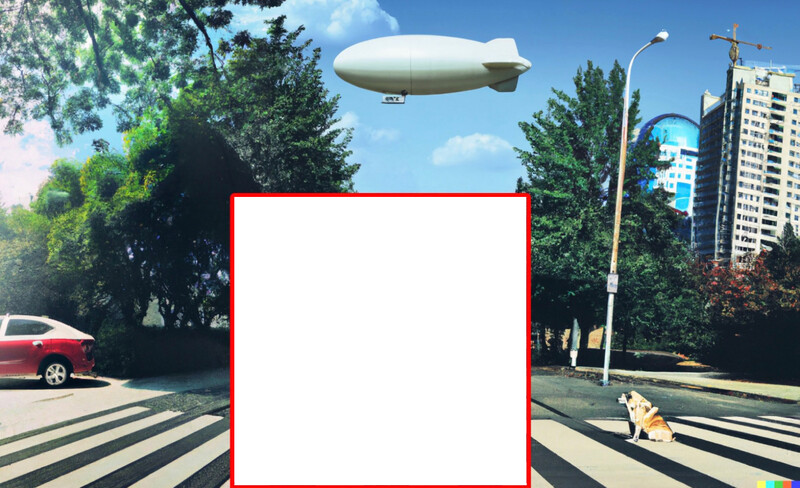 an AI-generated content expansion of The Beatles' Abbey Road album, showing a blimp, a car, some buildings, and a dog.