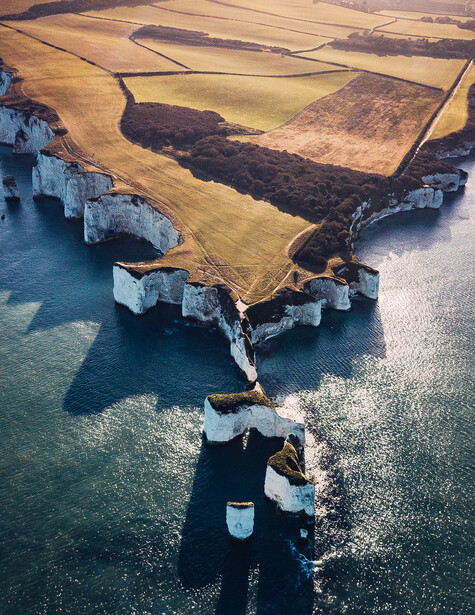 Aerial view of dramatic white sea cliffs with turquoise water below and golden fields above.
