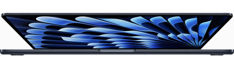 MacBook Air laptop displayed in profile view with blue abstract wallpaper on screen.