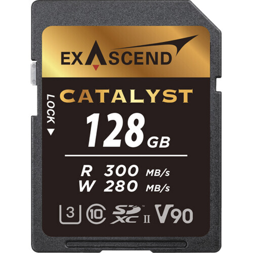 Exascend Catalyst 128GB UHS-II SD card with read speeds of 300 MB/s and write speeds of 280 MB/s.