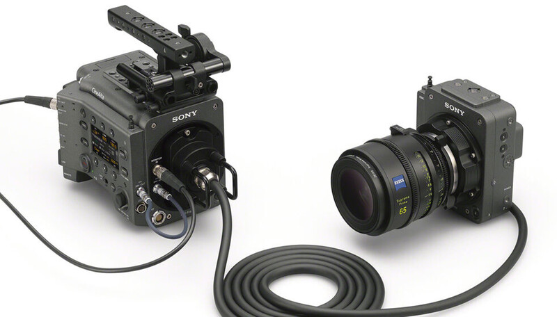 Sony cinema camera connected to a compact camera module via multi-pin cable.
