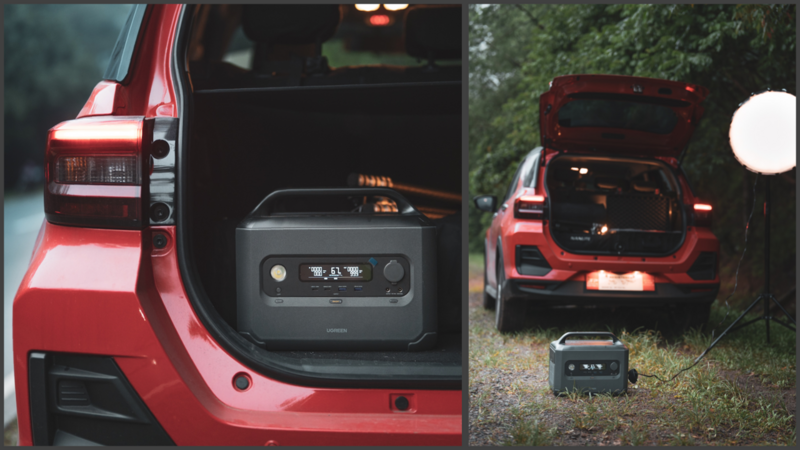 Red vehicle door open showing portable power station mounted inside the cargo area.