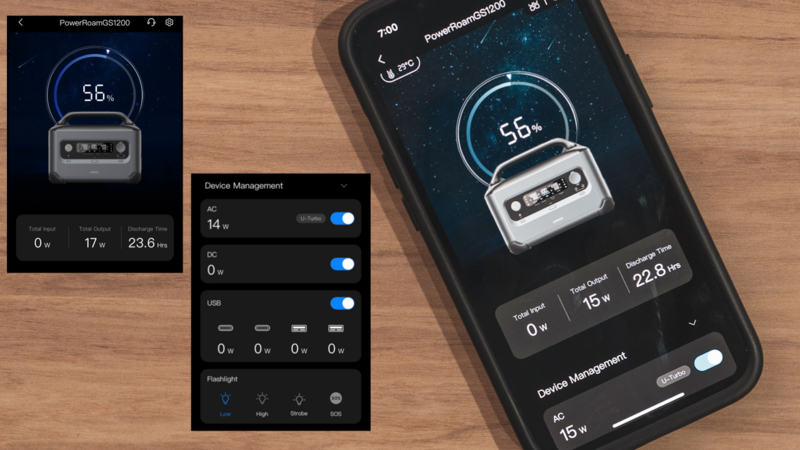Screenshots of a portable power station app showing battery status at 56% and device management controls.