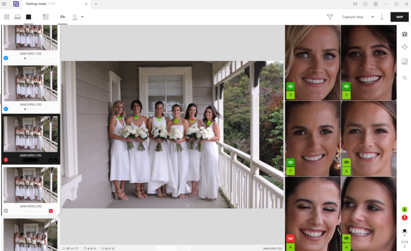Screenshot of photo editing software showing bridal party portrait with facial recognition interface on right panel.
