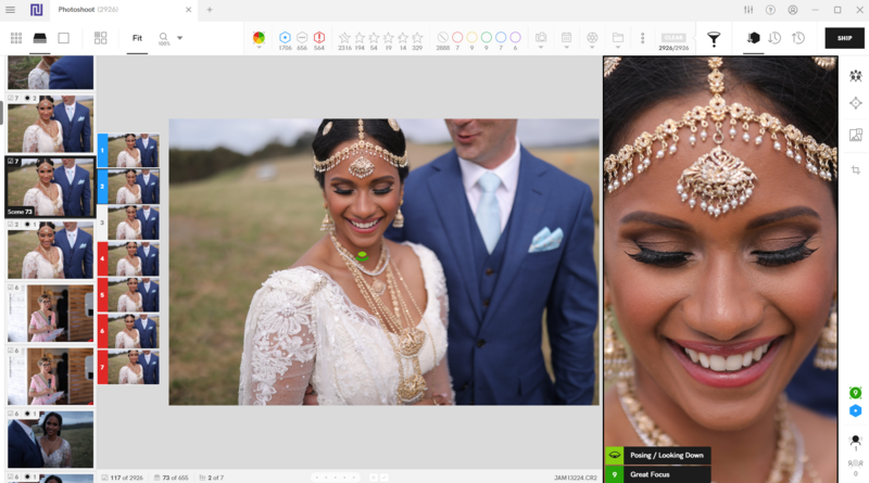 Wedding photography editing interface showing bride and groom portrait with detailed close-up of bride's face and jewelry.