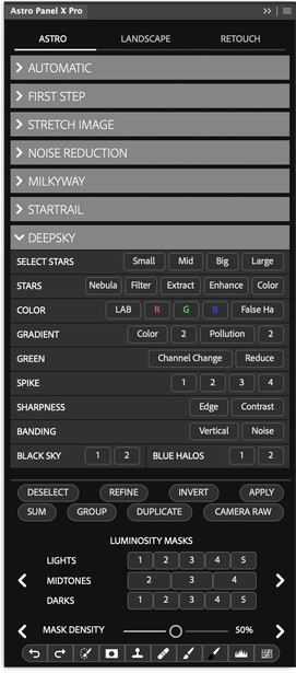 Screenshot of photo editing software interface with panels for adjustments, presets, and image controls.