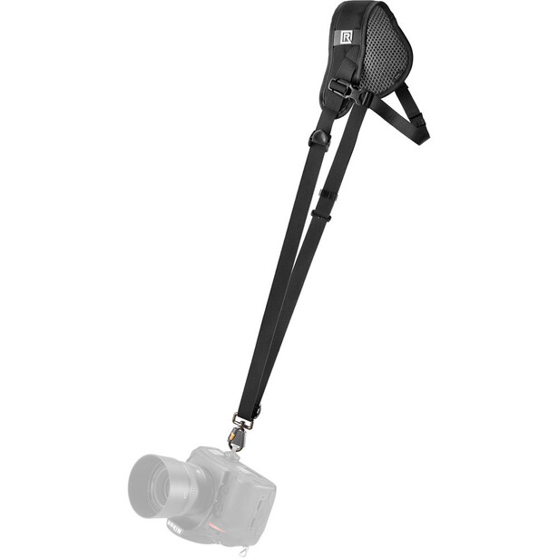 Black camera support strap with adjustable length and padded shoulder section attached to compact camera body.