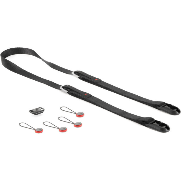 Black camera neck strap with shoulder pad and detachable safety tether connectors.