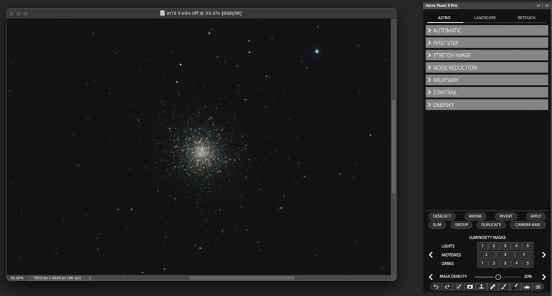 Screenshot of astronomy software displaying a globular star cluster with adjustment panels on the right side.