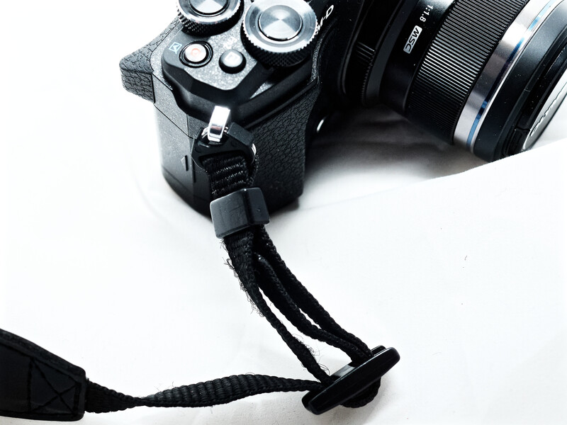 Mirrorless camera with attached lens and black wrist strap against white background.