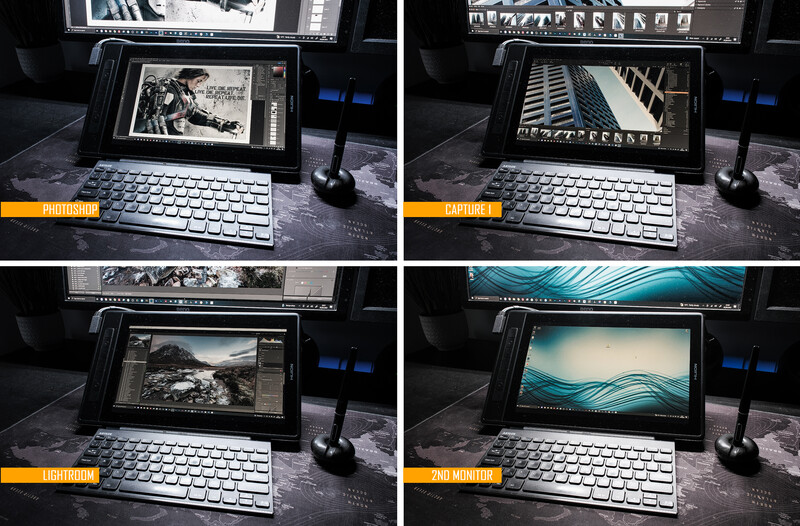 Four-panel screenshot showing photo editing workflow with tablet display and keyboard setup.