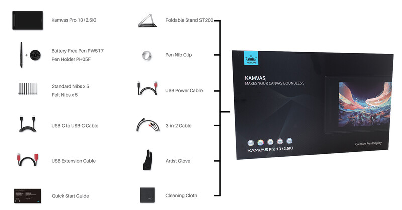 Product packaging and included accessories for the Kamvas Pro 13 2.5K drawing display tablet.