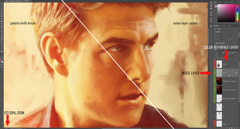 Screenshot of digital portrait editing in Photoshop showing warm-toned male portrait with palette knife brush and noise layer techniques.