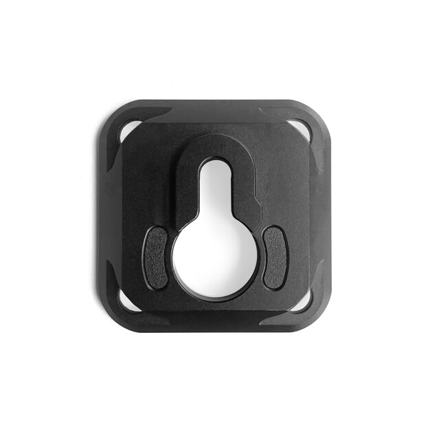 Black protective camera accessory with rounded corners and white bulbous center element.