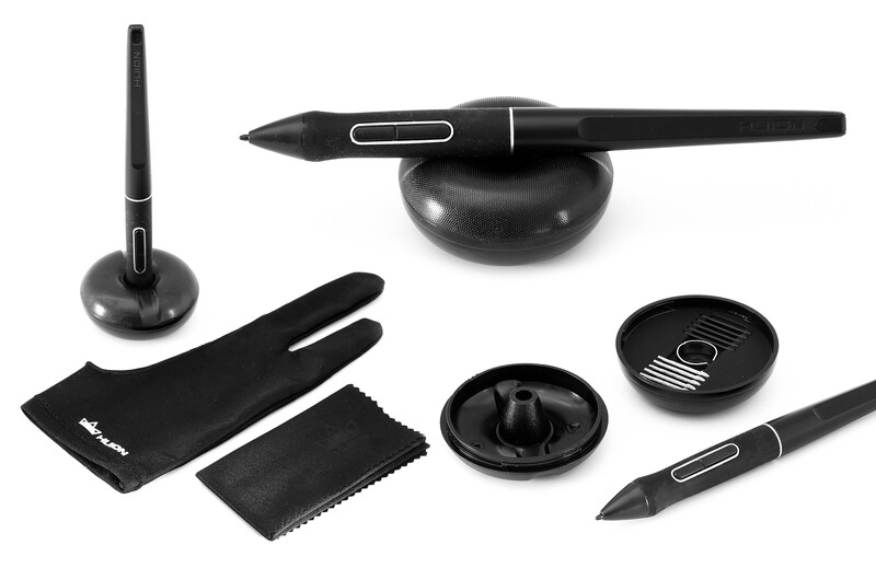 Complete digital pen tablet stylus kit with stand, pen holder, replacement nibs, and cleaning cloth.