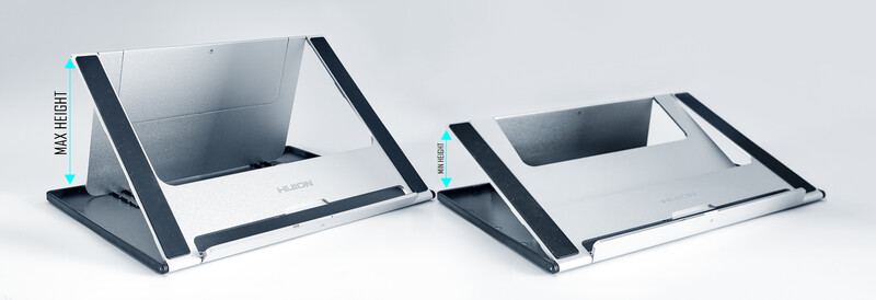 Two adjustable monitor stands with dark blue supports and white surfaces, shown at different height positions.