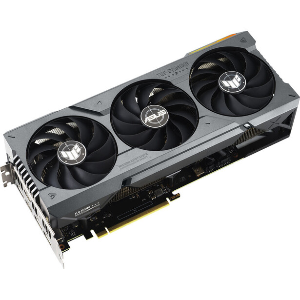 High-end graphics processing unit with three large cooling fans and metallic shroud.