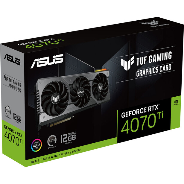 ASUS TUF Gaming GeForce RTX 4070 Ti graphics card with triple-fan cooling system in retail packaging.