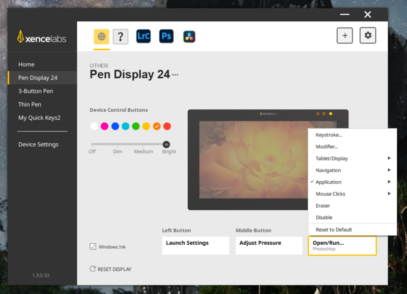Screenshot of Xencilabs Pen Display 24 control software interface showing device settings and color options.