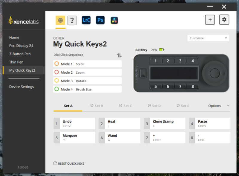 Screenshot of Xence Labs software interface displaying Quick Keys customization panel with programmable buttons and mode settings.