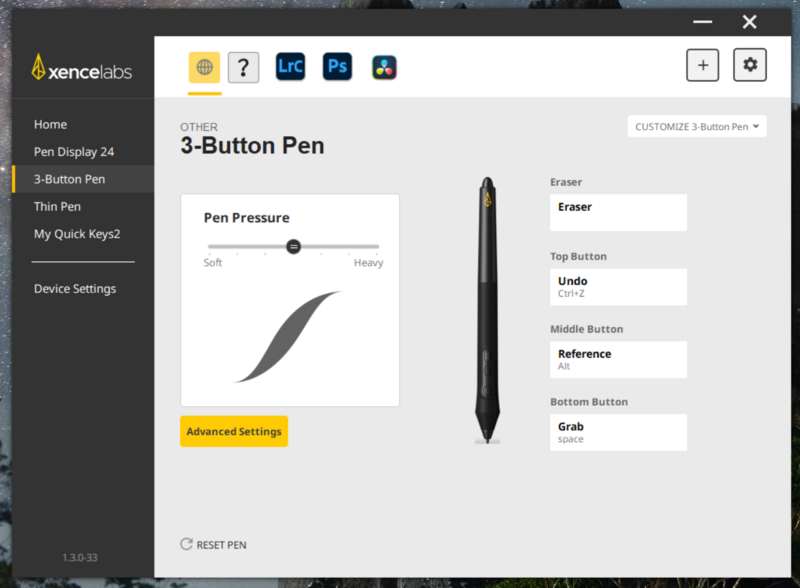 Screenshot of Xencelabs 3-Button Pen configuration software displaying pen pressure settings and customizable button functions.