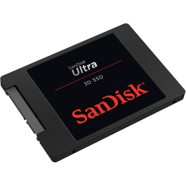 SanDisk Ultra 3D SSD solid-state drive shown at an angled perspective against a white background.