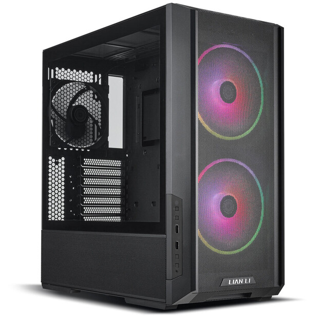 Black gaming PC case with dual RGB fans mounted on the front panel behind tempered glass.