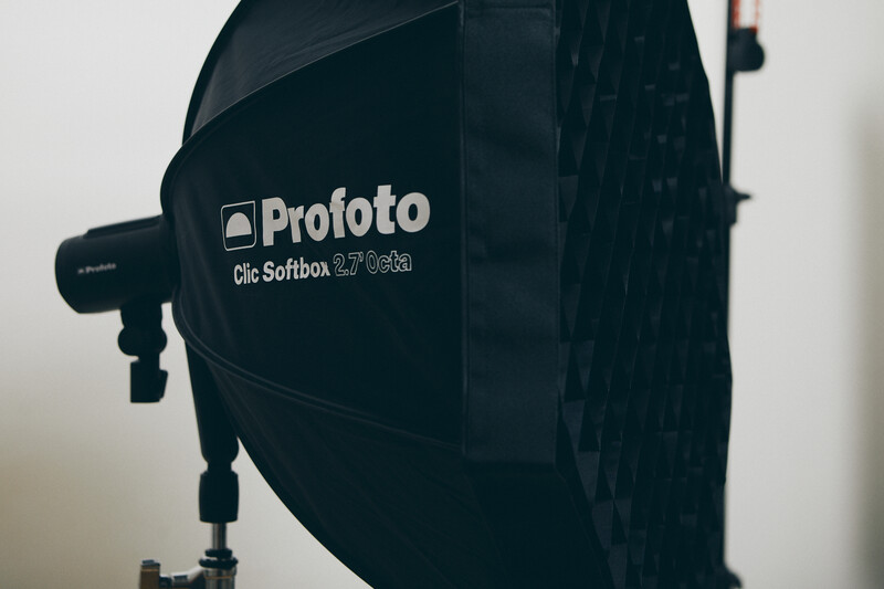 Profoto Clic Softbox 2.5 attached to a studio flash head mounted on a light stand.