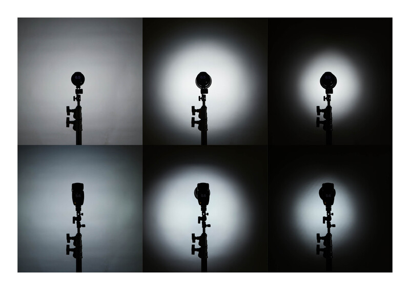 Six studio lighting setups showing a microphone with varying exposure and background brightness levels.