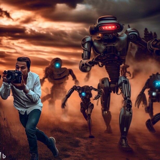 Illustration of humans running away from towering robots with glowing blue and red eyes in a dusty, apocalyptic landscape.