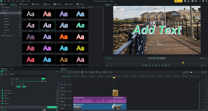 Screenshot of video editing software showing text styling options and timeline with photo of person on bridge.