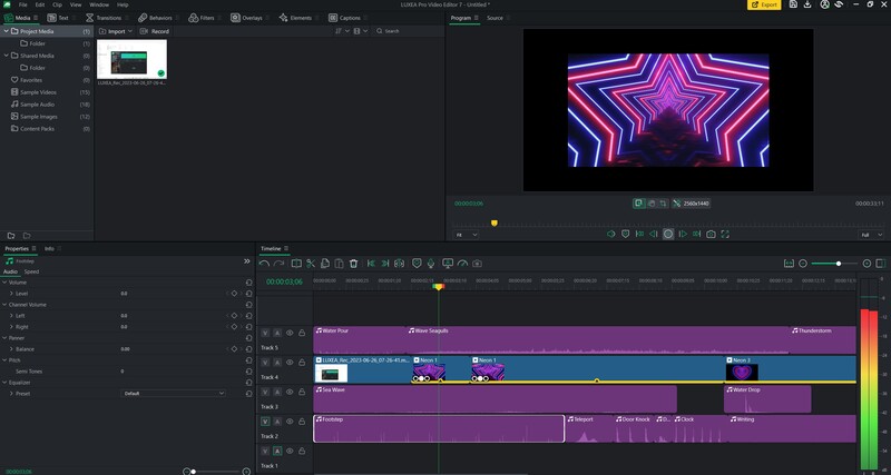Screenshot of video editing software showing a neon star animation preview and color-graded timeline.