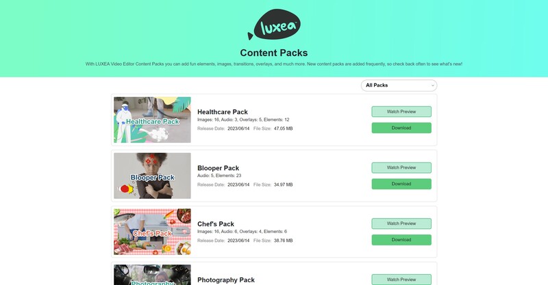 Screenshot of Luxea Content Packs page showing four downloadable media libraries for video editing.