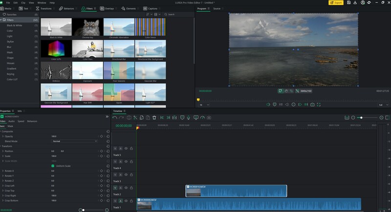 Screenshot of video editing software with seascape footage and audio waveforms displayed.